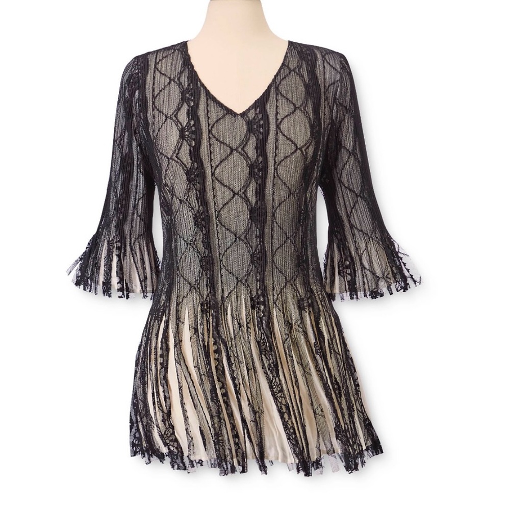 Lindi Fringe Lace Tunic Black Over Crinkle White Whimsigoth Womens Size M